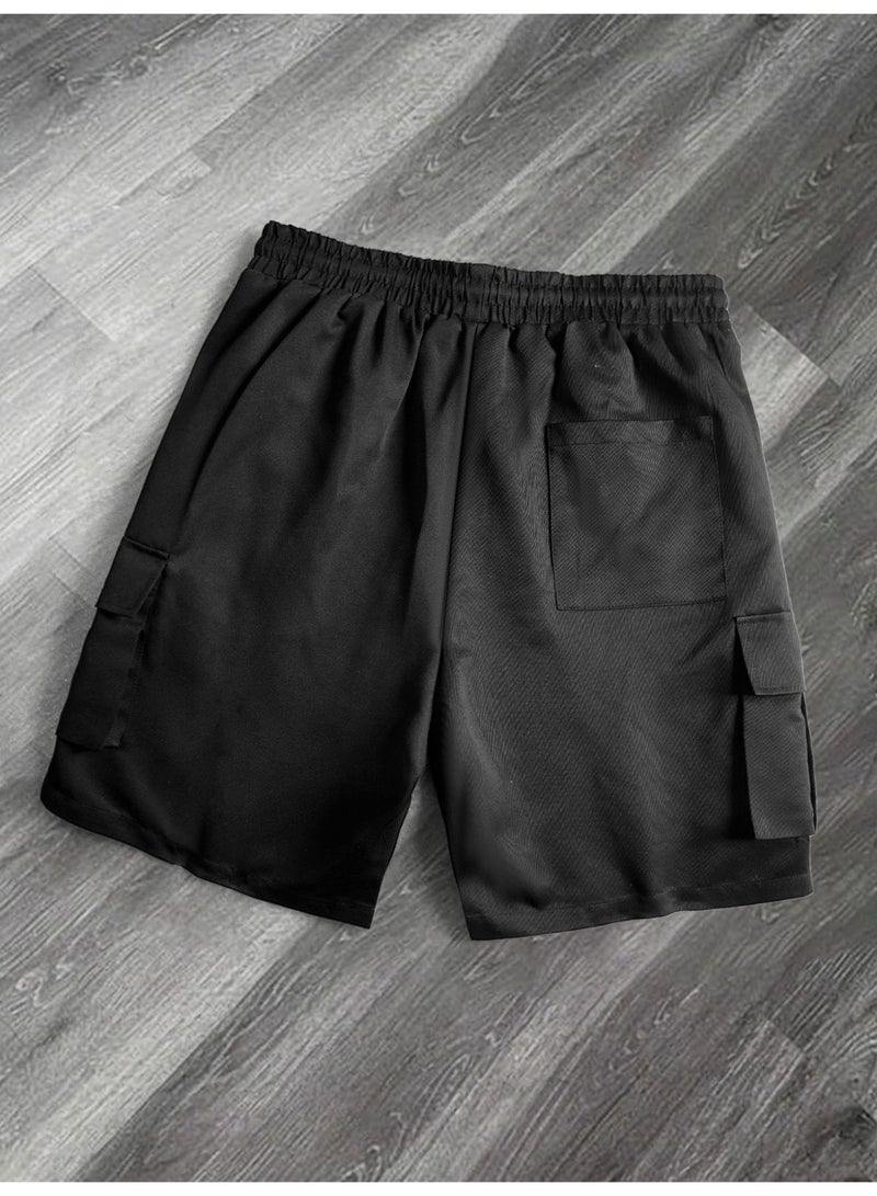 Men's Black Casual Cargo Shorts Elastic Waist Drawstring Relaxed Fit Half Pants with Pockets - Image 5